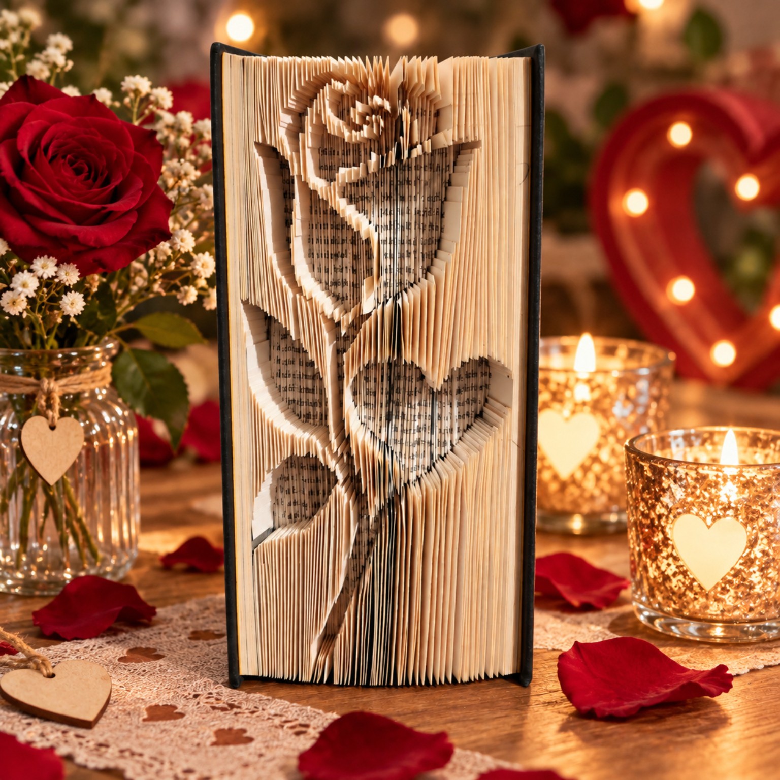A rose folded into an upright book with a romantic table setting